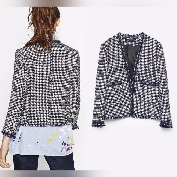 Zara Tweed Houndstooth Open Front Raw Edge Blazer - Picture 4 of 14
